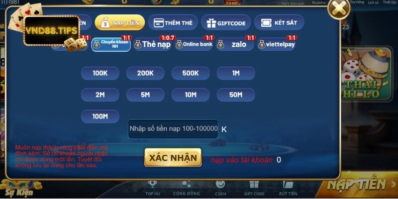 Lưu ý khi nạp tiền Vnd88